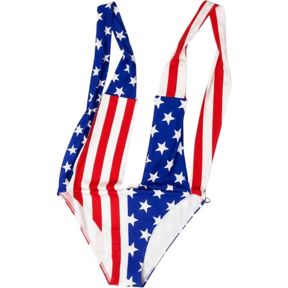 Womens American Flag Deep Plunge Monokini Patriotic Stars Stripes One Piece Swim